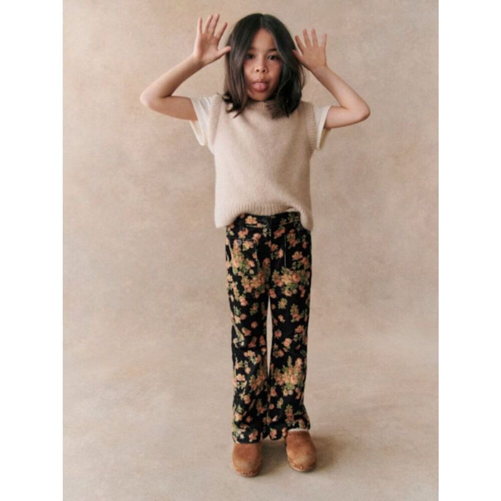 Petit Sezane Girls Le 70's trousers in Grand Bouquet Black Pink Roses Size 10